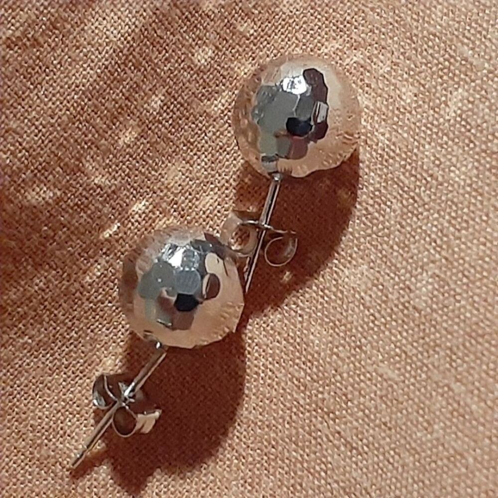 Gold earrings 14k solid white gold stud earrings sphere faceted Disco ball round